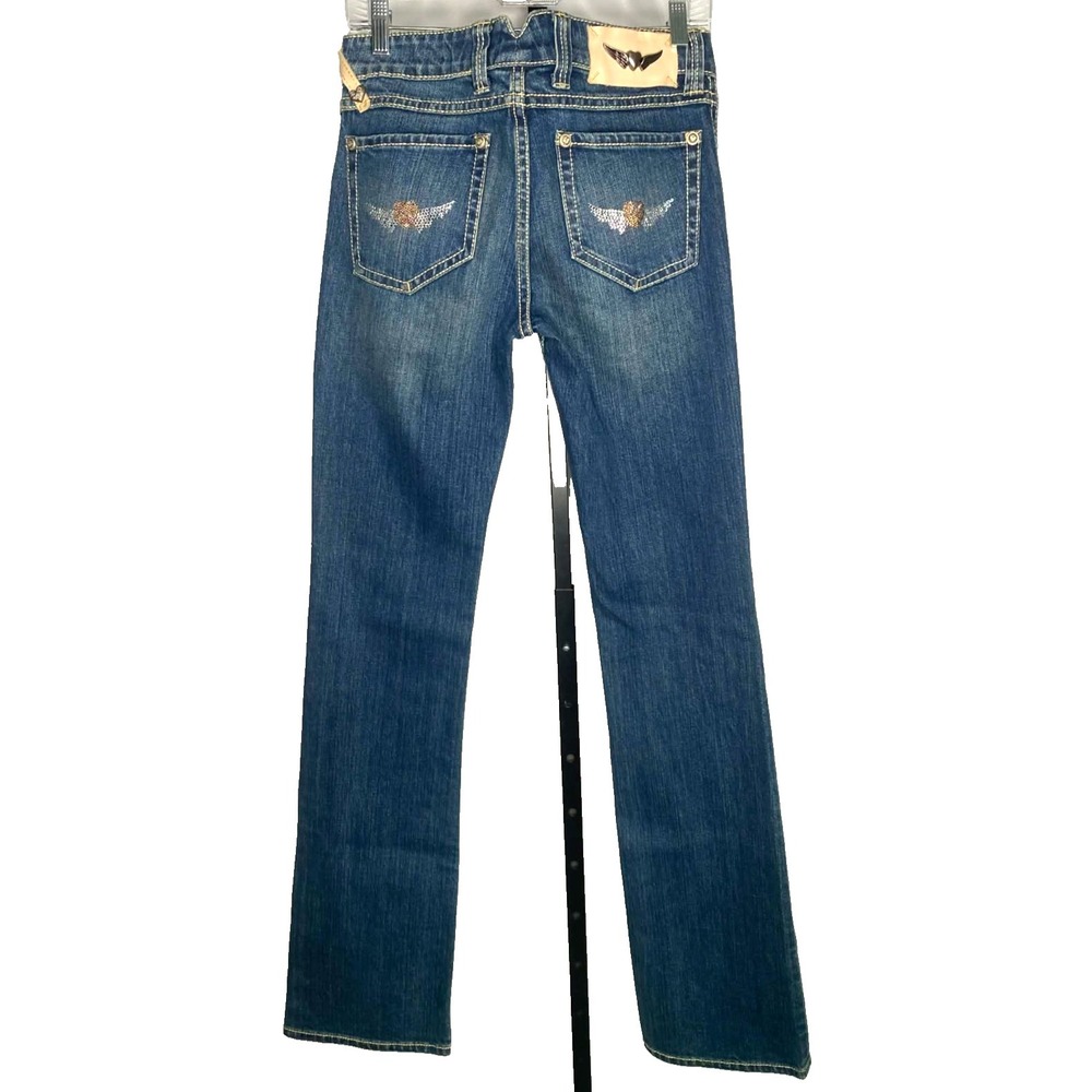 Twisted Heart Womens size 29 bootcut TALL jeans Rhinestones Y2K heart wings 90s - Picture 6 of 11